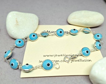Light Blue Round Evil Eye Beads Bracelet, Lucky Charm, Tiny Evil Eye Bracelet, Charm Bracelet, Mother's Day Gift, Amulet Bracelet, Wish Luck