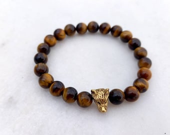 Wolves Men's Bracelet with Tiger's Eye Gemstones