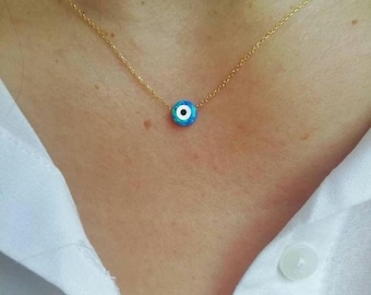 Solid Gold Opal Evil Eye Necklace