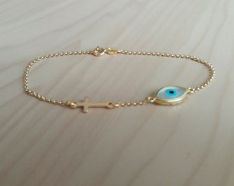 Evil Eye & Sideways Cross Bracelet made of High-Quality 14k Gold Plated and Ivory Gemstone, Lucky Charm, Ivory Eye, Mother's Day Gift