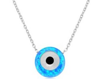 Blue Opal Evil Eye Necklace in 14K Solid Gold, October Birthstone Evil Eye Necklace, Lucky Charm on Gold Chain, Minimalist, Nazar Pendant