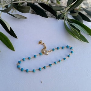 Turquoise Beaded Rosary Bracelet: 14k Gold Plated Chain