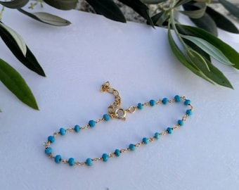 Turquoise Rosary Bracelet, Beaded Bracelet, Gold Plated Rosary, Blue Bracelet, Rosary Chain Bracelet, Delicate Bracelet