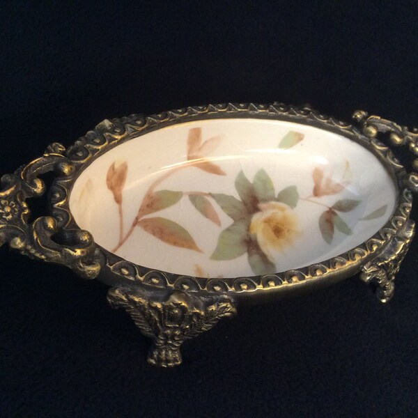 Vintage Hollywood Regency Style, Metal and Porcelain Floral Footed Soap or Trinket Dish E2620