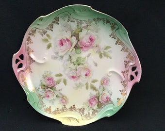 Vintage, Alemania decorada a mano, mango perforado, plato de pastel de rosa rosa floral E2725