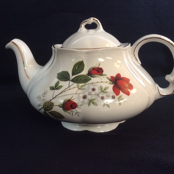 Vintage Ellgreave Ironstone, Woods and Sons, England, Red Rose Teapot with Lid E2643