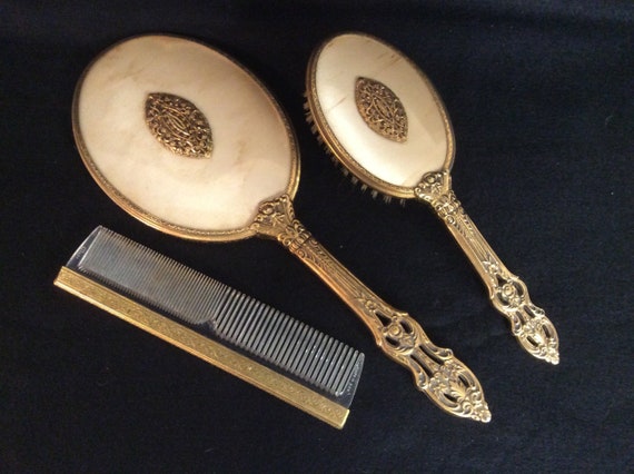 Vintage Gold Ormolu 3 Piece Mirror, Brush and Comb Vanity Set E646