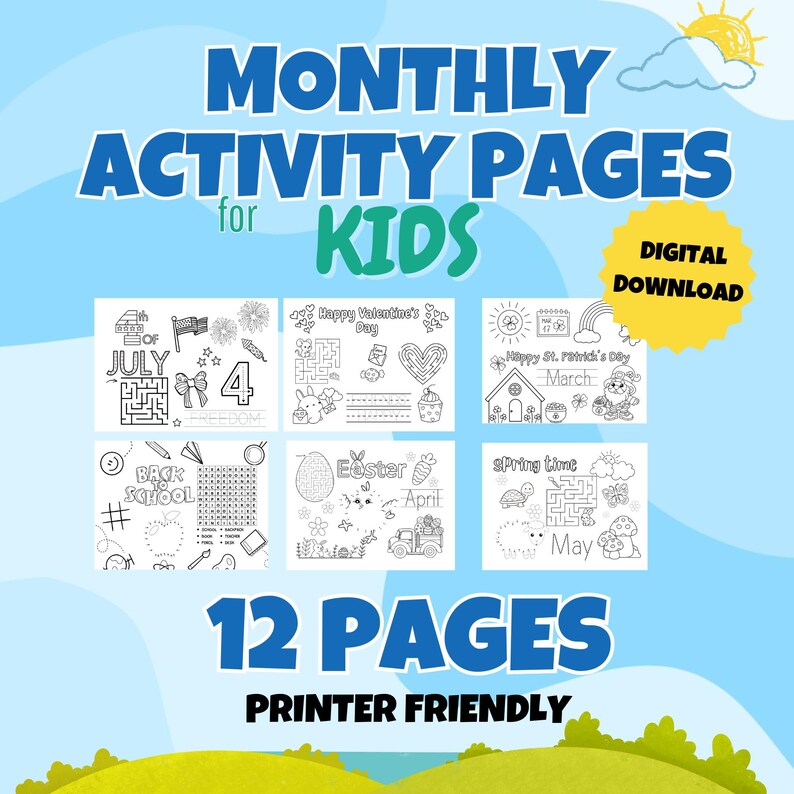Printable Coloring Pages for Kids – 12 Holiday Activity Pages | Digital ...