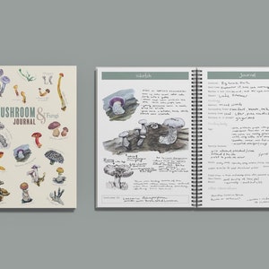 May include: An open journal with a cream-colored cover featuring a variety of watercolor illustrations of mushrooms and fungi. The cover also has the text "Mushroom & Fungi Journal". The inside pages feature a hand-drawn sketch of mushrooms and a journal entry about a mushroom foraging trip.