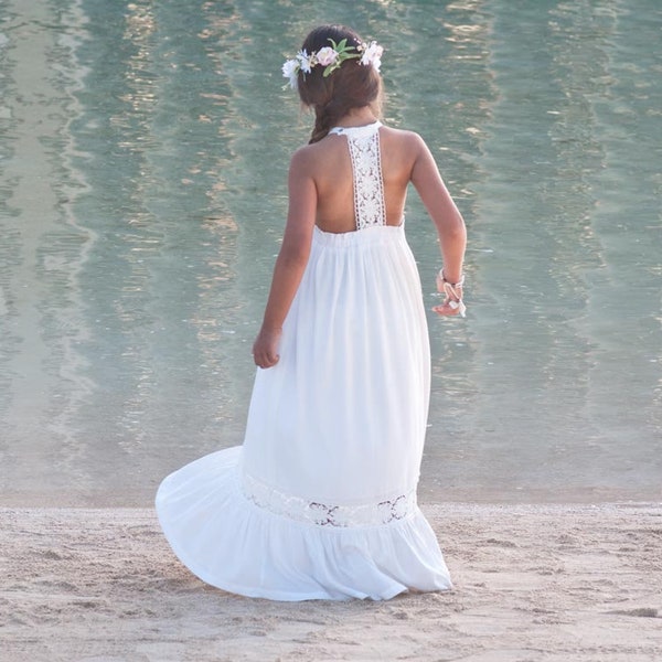 Beach Flower Girl Dress, Open Back Flower Girl Dress, Long Dresses For Girls, Beach Flower Girl Dresses, Flower Girl Dress Boho,  Off White