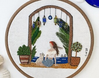 Original 'Serenity’hand embroidered hoopart, fiberart, nature wallart, hand embroidery, modern embroidery, women embroidery, hair embroidery