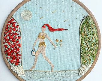 Original 'Magic gardens’ hoop art, fiberart, nature wallart, hand embroidery, homedecor, modern embroidery, women embroidery, hair