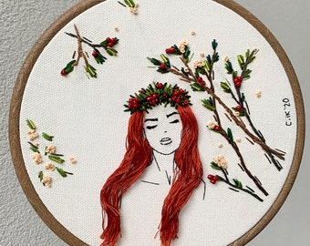 Original 'One with nature’ hand embroidered hoopart, fiberart, nature wallart, hand embroidery, modern embroidery, women embroidery hair