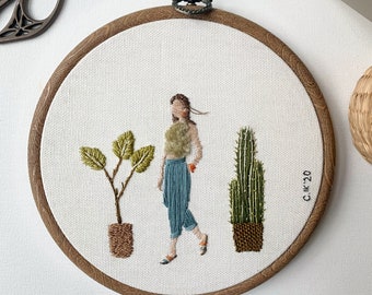 Original 'She and her plants’ hand embroidered hoopart, fiberart, nature wallart, hand embroidery, modern embroidery, women embroidery hair