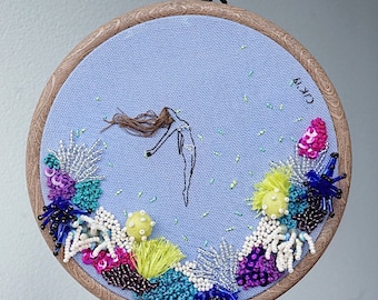 Original 'One with the Ocean no.2' hoop art, fiberart, nature wallart, hand embroidery, homedecor, modern embroidery, women embroidery, sea