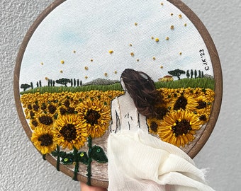 Original 'She and the sunflowers #2’ hoop art, fiberart, nature wallart, hand embroidery, homedecor, modern embroidery, women embroidery, ha