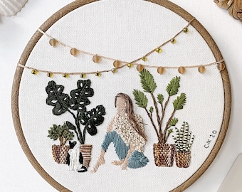 Original 'Cozy’ hand embroidered hoopart, fiberart, nature wallart, hand embroidery, modern embroidery, women embroidery, hair embroidery