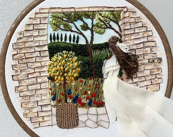 Original 'Tuscan summer’ hoop art, fiberart, nature wallart, hand embroidery, homedecor, modern embroidery, women embroidery, hair
