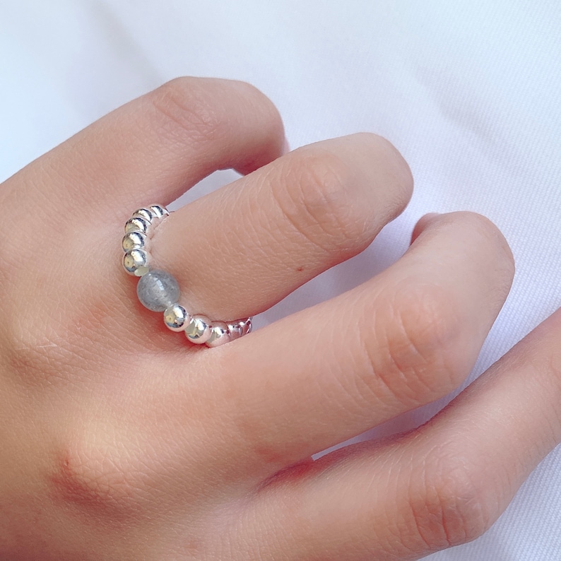 Elastic Ring Silver Beaded Ring Silver Stretch Ring Stackable silver rings Unique Gift for Her Silver Adjustable Ring Moonstone Ring