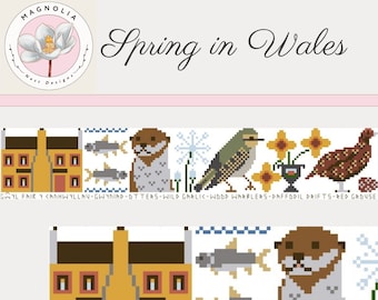 Spring in Wales cross stitch design by Magnolia Nest Designs. Suitable for beginners, can stitch as six seasonal smalls. Wales xstitch.