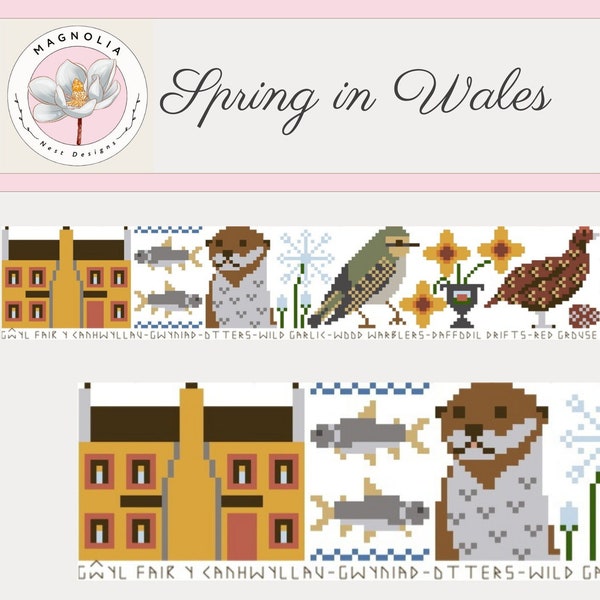 Spring in Wales cross stitch design by Magnolia Nest Designs. Suitable for beginners, can stitch as six seasonal smalls. Wales xstitch.