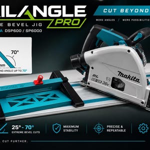 Könnte beinhalten: Eine Railangle Pro extreme Gehrungsführung für Makita DSP600 und SP6000 Kreissägen. Die türkisfarbene und schwarze Führung ist mit einer Makita-Säge auf einer Führungsschiene abgebildet. Ein Diagramm zeigt einen Schnittwinkel bis 70 Grad und 18mm.