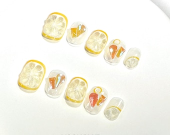 Sweet Lemonade | Short Squoval | MoonBlvd Nails | Luxury Press-on Nails | 3D Nail Art
