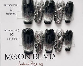 Dark Knights | 602 Long Coffin | MoonBlvd Nails | Luxury Press-on Nails | 3D Nail Art | Black Metallic Nails