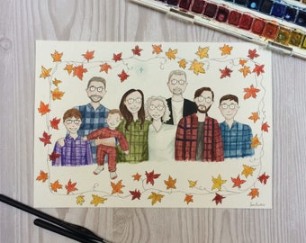 A4 Custom Illustrated Family Portrait - Watercolour Personalised Painting