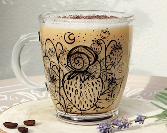 Strawberry snail mug, Handpainted glass mug, Clear latte cup, Coffee mug, Animal mug, Transparent tea cup, Valentines Day gift idea, Mom Mug