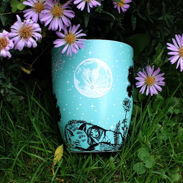 Wolf and girl coffee mug, Stars and moon, Hand painted mug, Ceramic Illustration, Full moon, Animal art, Meadow forest, Humming bird tea cup