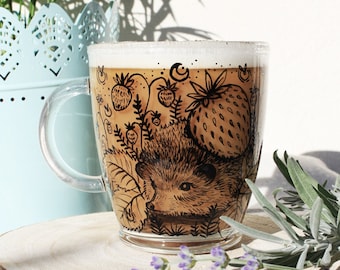 Hedgehog mug, Glass strawberry hedgehog latte mug, Transparent clear Animal mug, Forest animals illustration, Handpainted tea cup, Kids gift