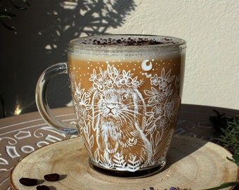 Flower crown bunny mug, Forget me not glass mug, Clear cup, Transparent latte cup, Flower power coffee mug, Rabbit hare cup, Christmas Mug