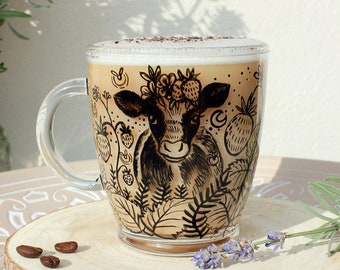 Strawberry cow mug, Handpainted farm animal cup, Clear glass matcha latte mug, Christmas cup, Animal lover gift idea, Cute vegan cup