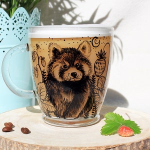 Red panda mug, Strawberry panda mug, Glass mug, Clear latte tea cup, Mothers day gift, Panda lover, Gift idea for her Valentines day gift image 1