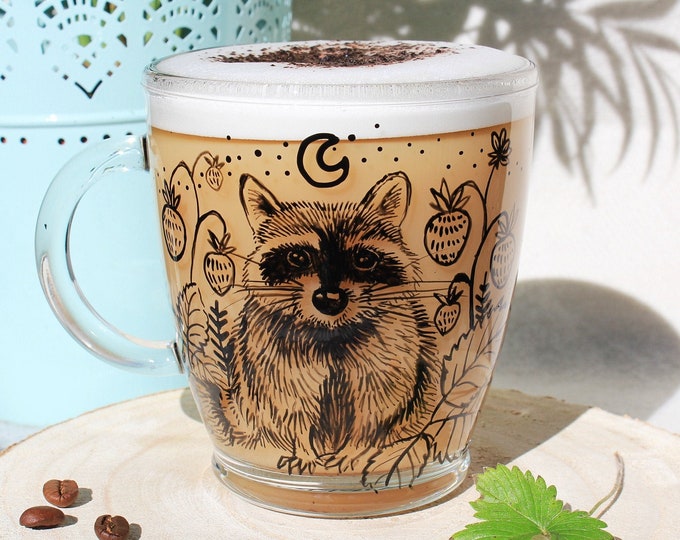 Raccoon Mug, Glass raccoon latte mug, Clear Animals coffee mug, Transparent Trash panda mug, Strawberry mug, Mothers day gift, Animal mug