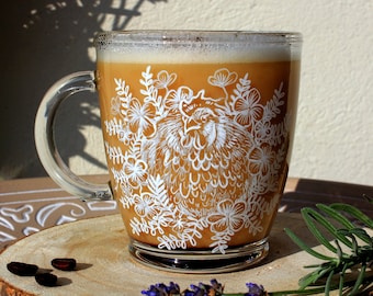 Chonky Huhn Tasse, Fat Huhn Latte Tasse, süße Vogel Kaffeetasse, transparente klare Tee Tasse, Blumen botanische Matcha Tasse, Tiere auf dem Bauernhof