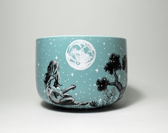 Hand Painted Guitar Girl Mug, Starry Moonlit Scene