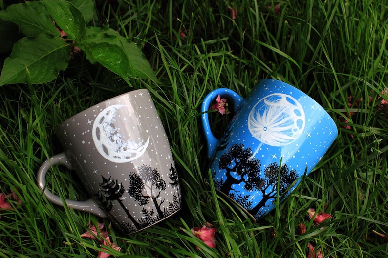 Personalized moon forest constellation mug, Full moon constellation mug, Hand painted crescent moon birthday mug gift, Starry night mug image 7