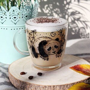 Panda glass mug, Panda inspired art, Glass coffee mug, Transparent tea cup, Bamboo illustration, Asia cup, Gift idea for her him, Valentines image 3