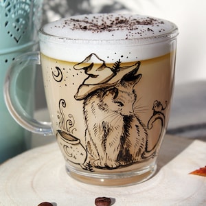 Spooky halloween cat mug, Cat mug, Kitten and mouse pumpkin spice mug, Witches brew, Transparent clear coffee mug, Kitty glass latte cup