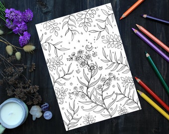 Botanical Coloring Page, Forget Me Not Flowers, Firefly Art, Instant Download, Meadow Fairies Coloring, Family Activities, Line Art Drawing