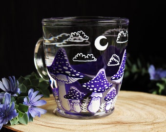 Violetter Pilz Becher, Amanita Latte Tasse, Klarer Becher, Witchy Becher, Halloween Glas Tasse, Herbst Vibes, Fairy Goblin Tasse, Valentinstag, Mutter Geschenk