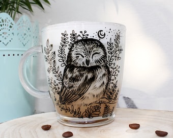 Owl Mug, Glass Tea Cup, Owl Art, Handpainted Bird Illustration, Animal Coffee Cup, Mom mug, Valentines Day Gift, Woodland Animals Mug