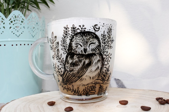 Mug hibou, tasse à thé en verre, art hibou, illustration d'oiseau peinte à  la main, tasse à café animal, mug maman, cadeau Saint Valentin, mug animaux  de la forêt - Etsy France