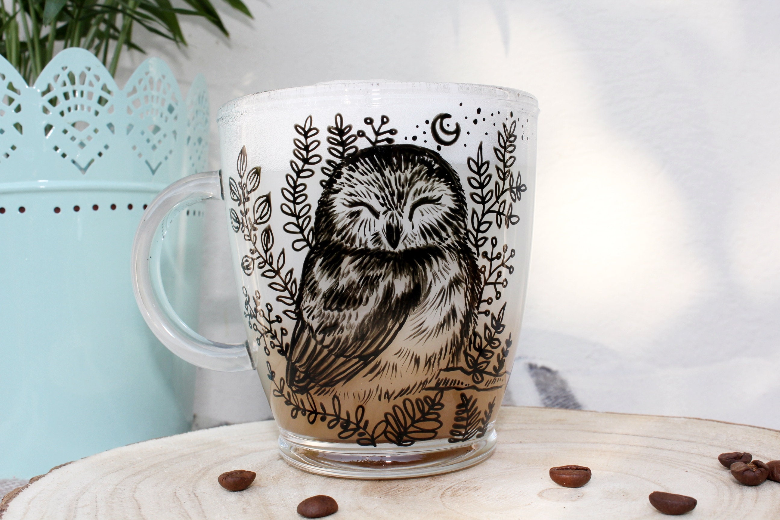 Owl Mug, Glass Tea Cup, Owl Art, Handpainted Bird Illustration, Animal Coffee Cup, Mom mug, Valentin