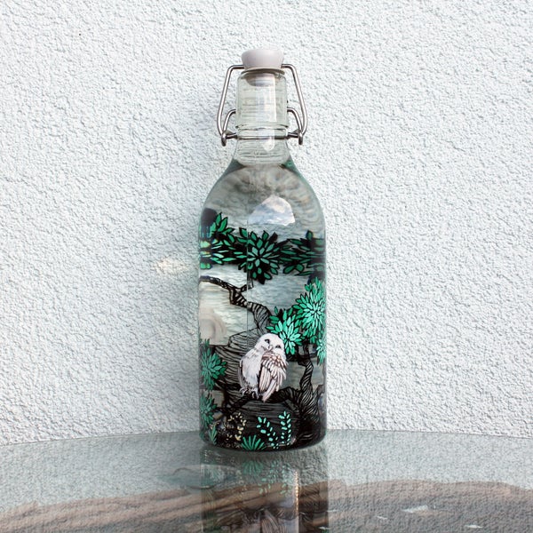 Bouteille d'eau en verre de hibou, illustration de hibou, peinture d'oiseau, Bouteille peinte à la main, Animaux mignons, Cadeaux de décor de hibou, Art animal, Artiste animal