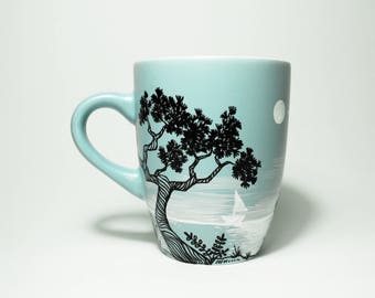 Seaside summer mug, mediterranean seaside coffee mug, Hand painted ceramic mug, Summer memories mug, Seaside with pine trees gift tea cup