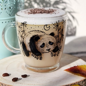 Panda glass mug, Panda inspired art, Glass coffee mug, Transparent tea cup, Bamboo illustration, Asia cup, Gift idea for her him, Valentines image 1