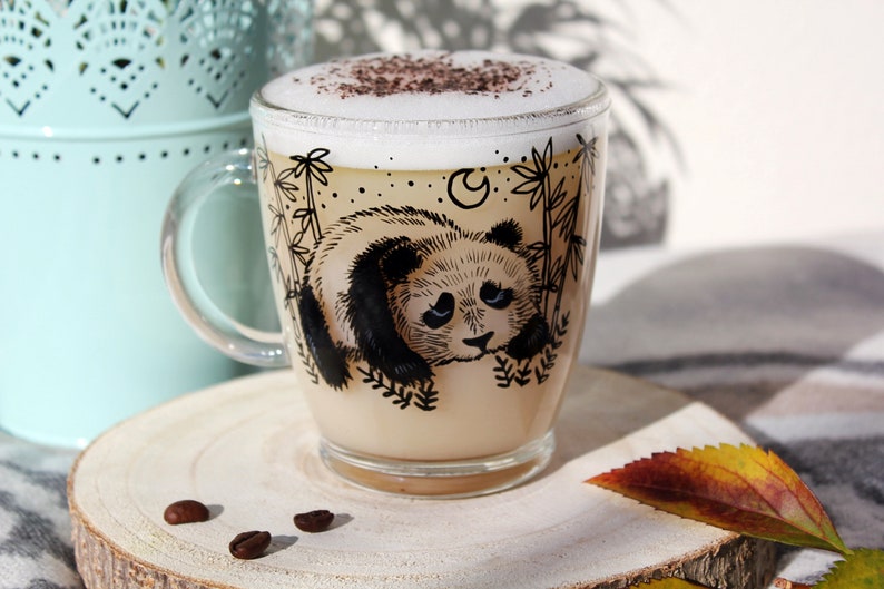 Panda glass mug, Panda inspired art, Glass coffee mug, Transparent tea cup, Bamboo illustration, Asia cup, Gift idea for her him, Valentines image 1